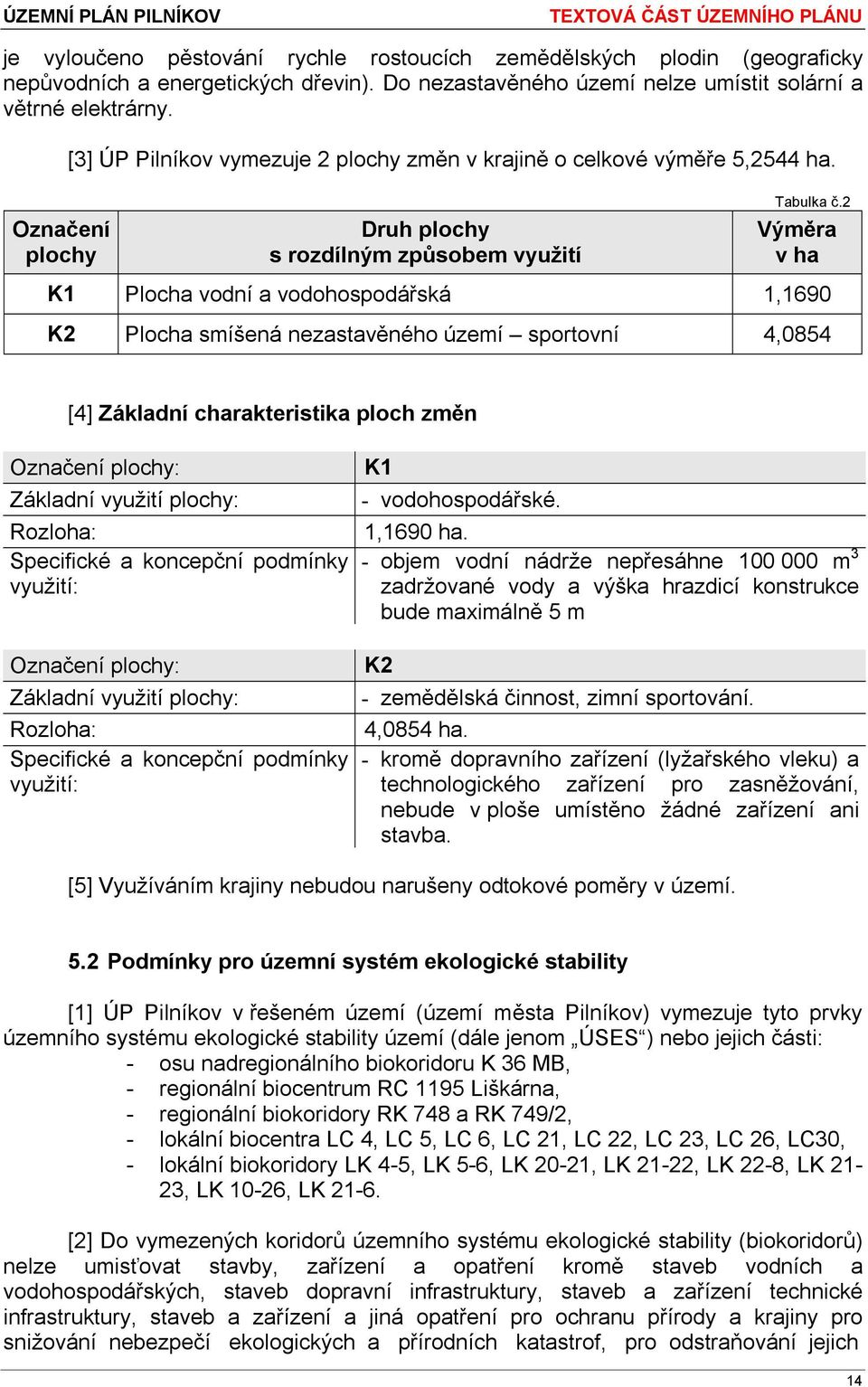 2 Výměra v ha K1 Plocha vodní a vodohospodářská 1,1690 K2 Plocha smíšená nezastavěného území sportovní 4,0854 [4] Základní charakteristika ploch změn K1 - vodohospodářské. 1,1690 ha.