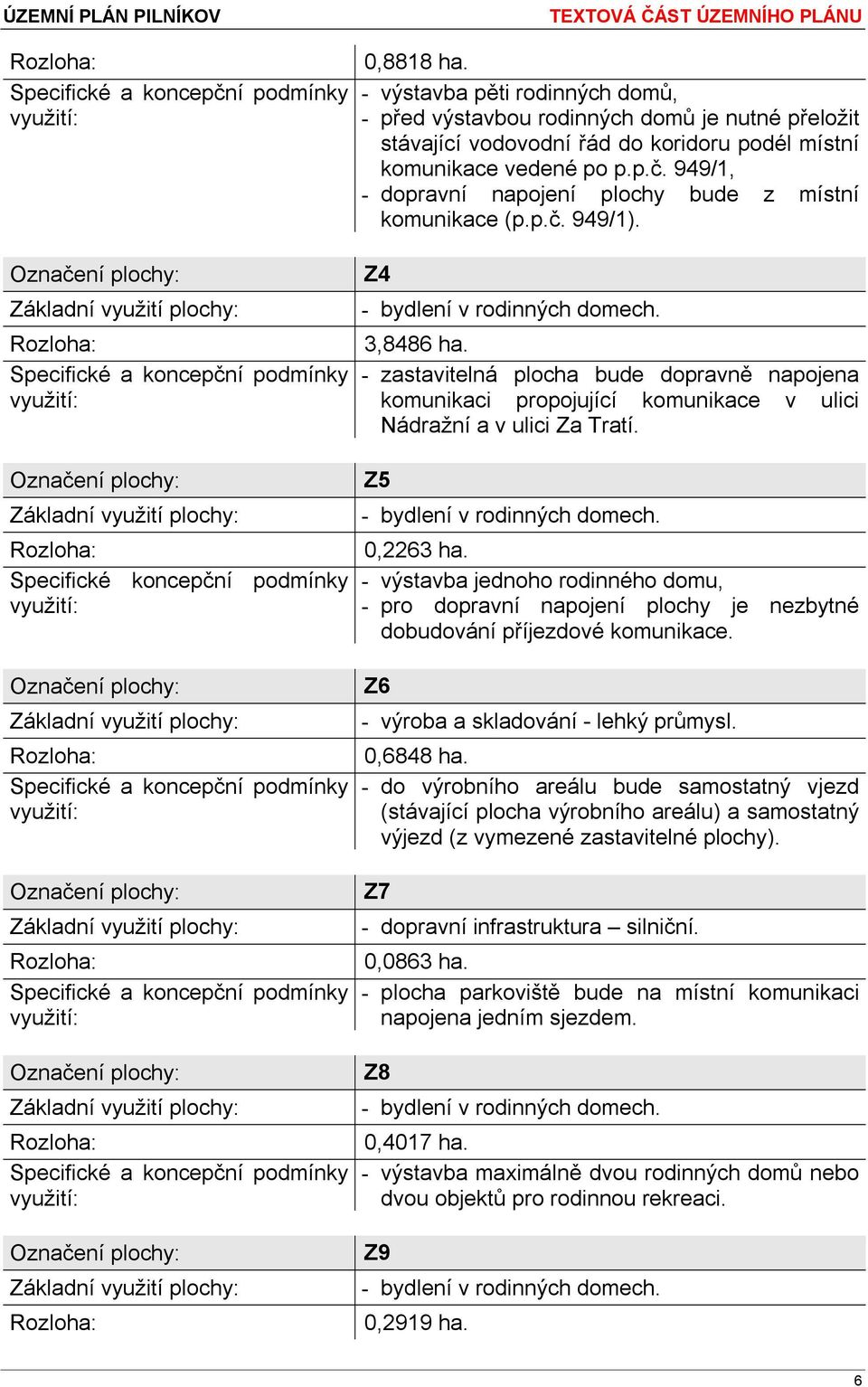 - výstavba jednoho rodinného domu, - pro dopravní napojení plochy je nezbytné dobudování příjezdové komunikace. Z6 - výroba a skladování - lehký průmysl. 0,6848 ha.
