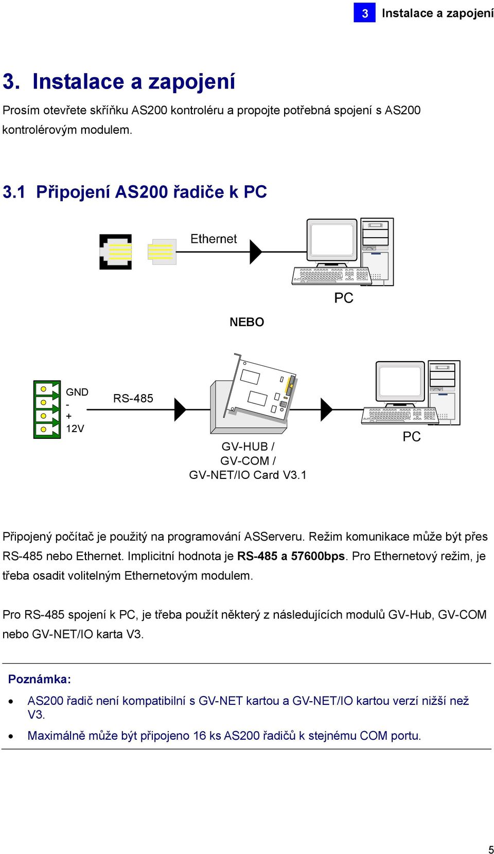 Pro Ethernetový režim, je třeba osadit volitelným Ethernetovým modulem. Pro RS-485 spojení k PC, je třeba použít některý z následujících modulů GV-Hub, GV-COM nebo GV-NET/IO karta V3.