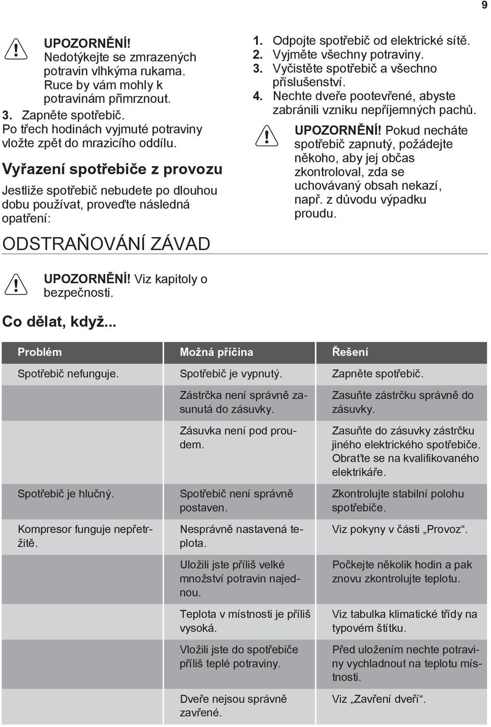 Vyjměte všechny potraviny. 3. Vyčistěte spotřebič a všechno příslušenství. 4. Nechte dveře pootevřené, abyste zabránili vzniku nepříjemných pachů. UPOZORNĚNÍ!