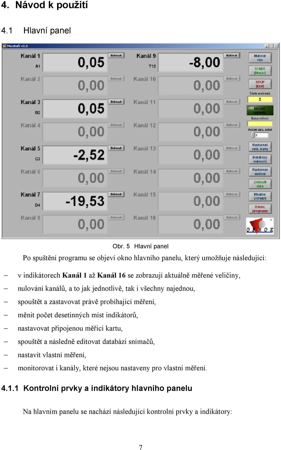veličiny, nulování kanálů, a to jak jednotlivě, tak i všechny najednou, spouštět a zastavovat právě probíhající měření, měnit počet desetinných míst indikátorů,