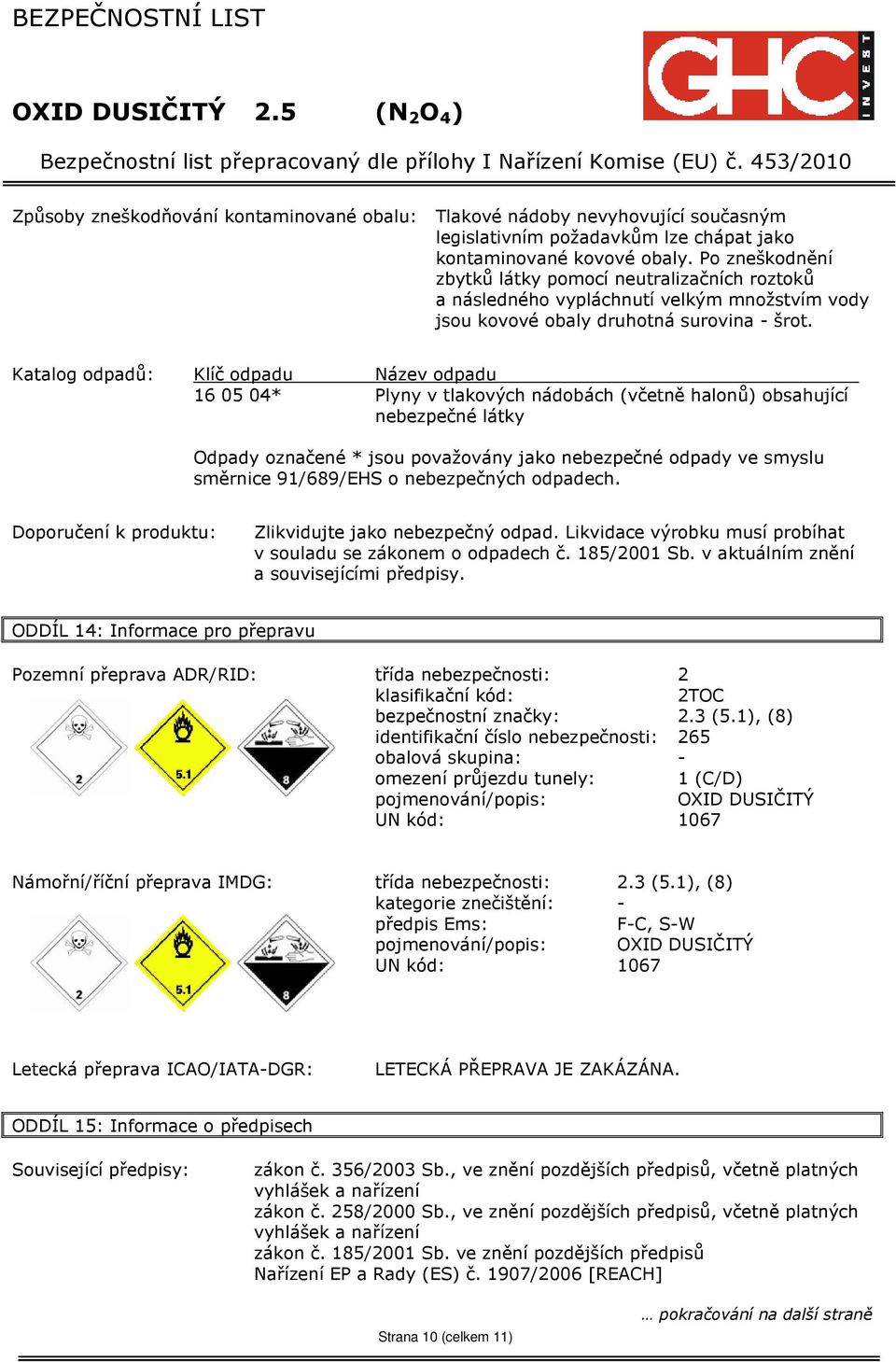 Katalog odpadů: Klíč odpadu Název odpadu 16 05 04* Plyny v tlakových nádobách (včetně halonů) obsahující nebezpečné látky Odpady označené * jsou považovány jako nebezpečné odpady ve smyslu směrnice