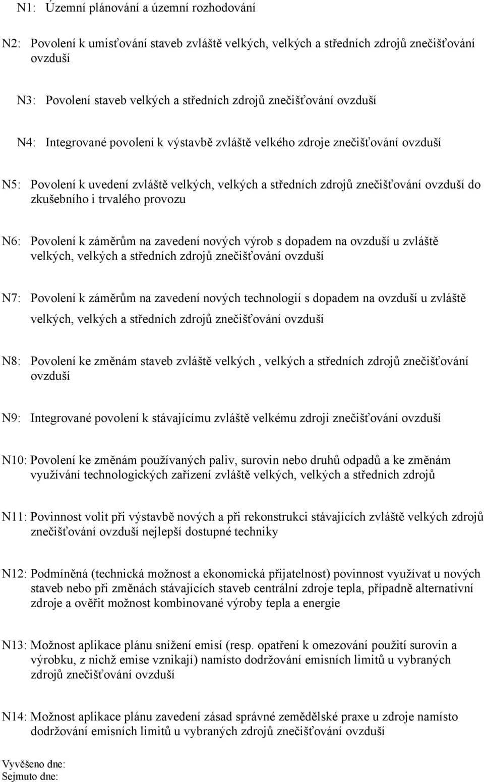 trvalého provozu N6: Povolení k záměrům na zavedení nových výrob s dopadem na ovzduší u zvláště velkých, velkých a středních zdrojů znečišťování ovzduší N7: Povolení k záměrům na zavedení nových