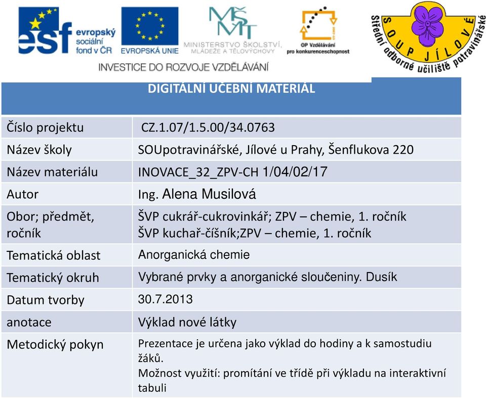 oblast Tematický okruh Datum tvorby 30.7.2013 anotace Metodický pokyn Ing. Alena Musilová ŠVP cukrář-cukrovinkář; ZPV chemie, 1.