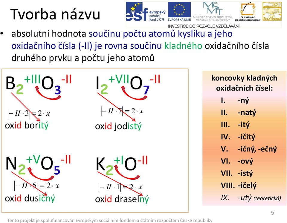 -II 5 K +I 2 O -II II = 2 x oxid dusičný II 7 = 2 x oxid jodistý 5 II 1 = 2 x oxid draselný koncovky kladných