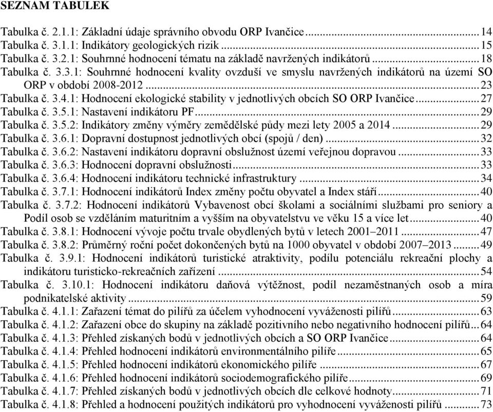 1: Hodnocení ekologické stability v jednotlivých obcích SO ORP Ivančice... 27 Tabulka č. 3.5.1: Nastavení indikátoru PF... 29 Tabulka č. 3.5.2: Indikátory změny výměry zemědělské půdy mezi lety 2005 a 2014.