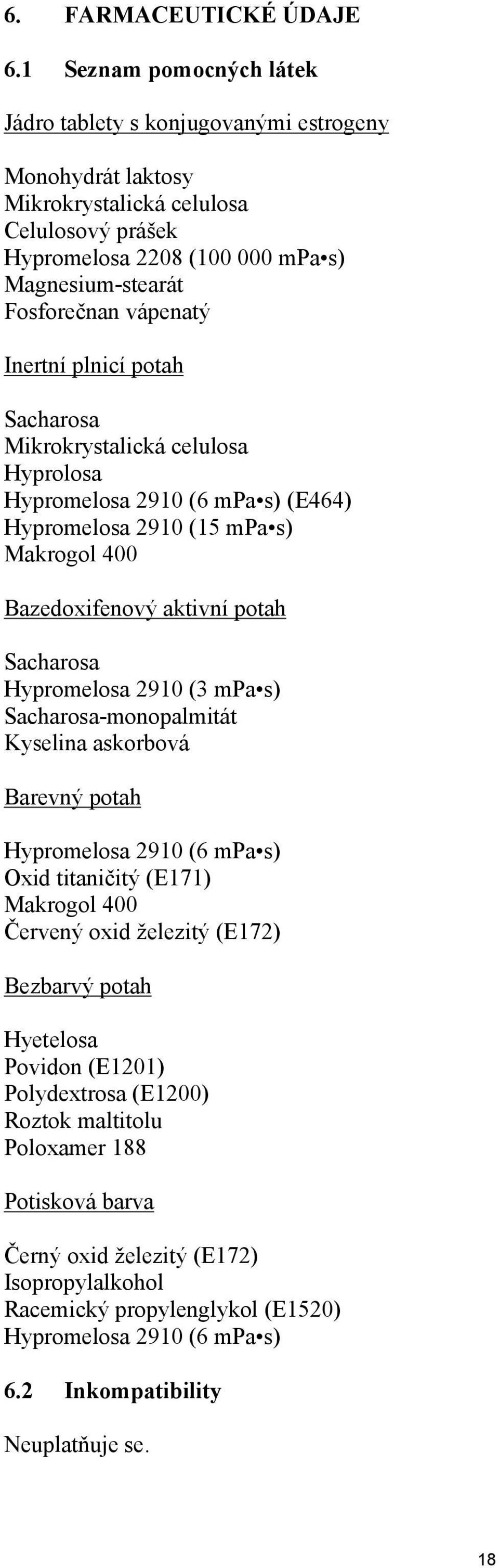 Inertní plnicí potah Sacharosa Mikrokrystalická celulosa Hyprolosa Hypromelosa 2910 (6 mpa s) (E464) Hypromelosa 2910 (15 mpa s) Makrogol 400 Bazedoxifenový aktivní potah Sacharosa Hypromelosa 2910