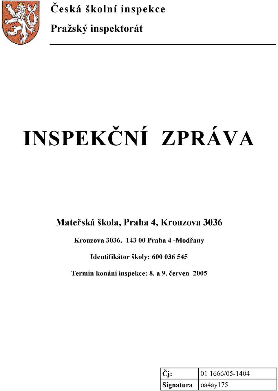 Praha 4 -Modřany Identifikátor školy: 600 036 545 Termín