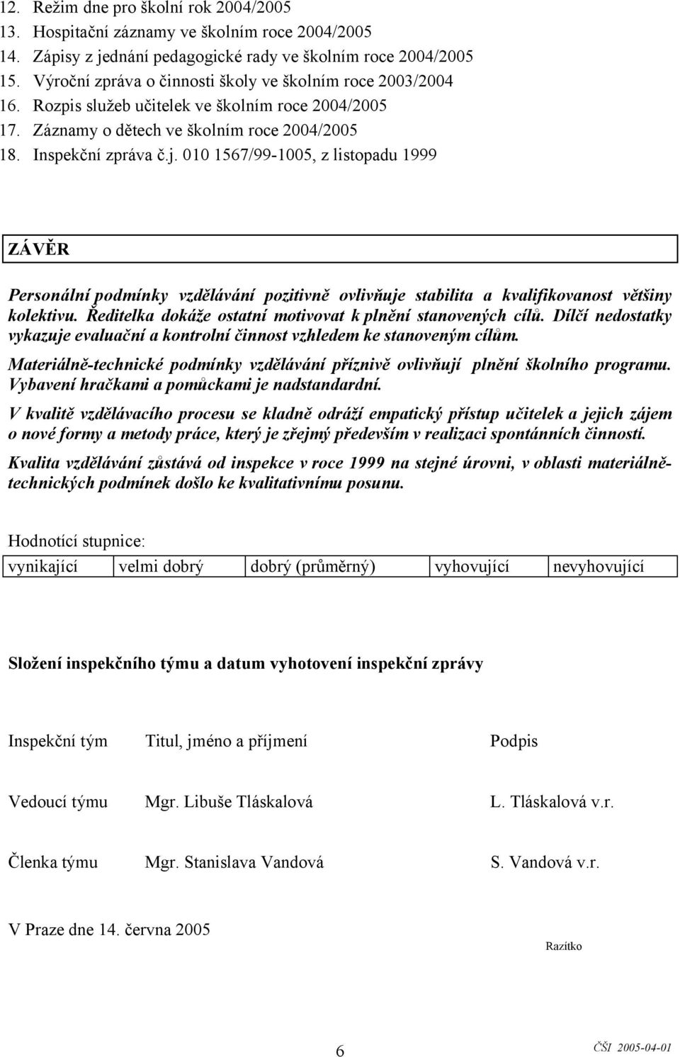 010 1567/99-1005, z listopadu 1999 ZÁVĚR Personální podmínky vzdělávání pozitivně ovlivňuje stabilita a kvalifikovanost většiny kolektivu. Ředitelka dokáže ostatní motivovat k plnění stanovených cílů.