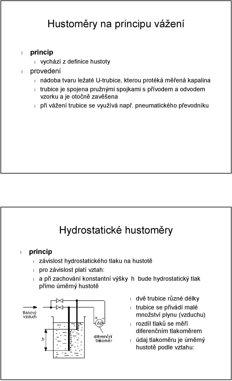 pneumatického převodníku Hydrostatické hustoměry princip závislost hydrostatického tlaku na hustotě pro závislost platí vztah: p = h ρ g a při zachování konstantní