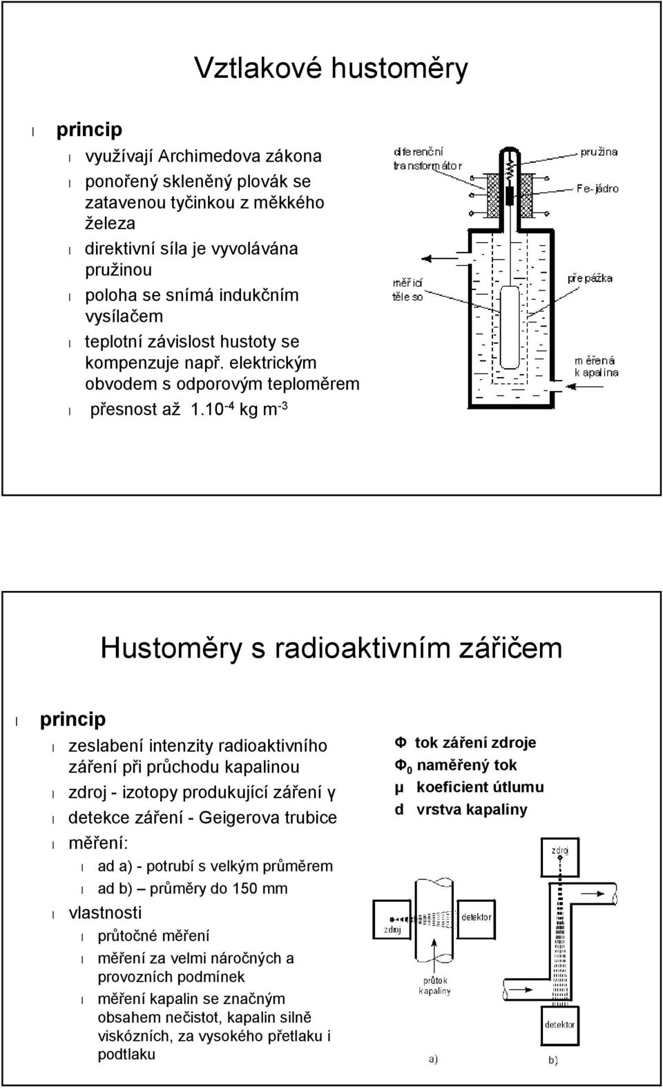 10-4 kgm -3 Hustoměry s radioaktivním zářičem princip zeslabení intenzity radioaktivního záření při průchodu kapalinou zdroj - izotopy produkující záření γ detekce záření - Geigerova trubice měření: