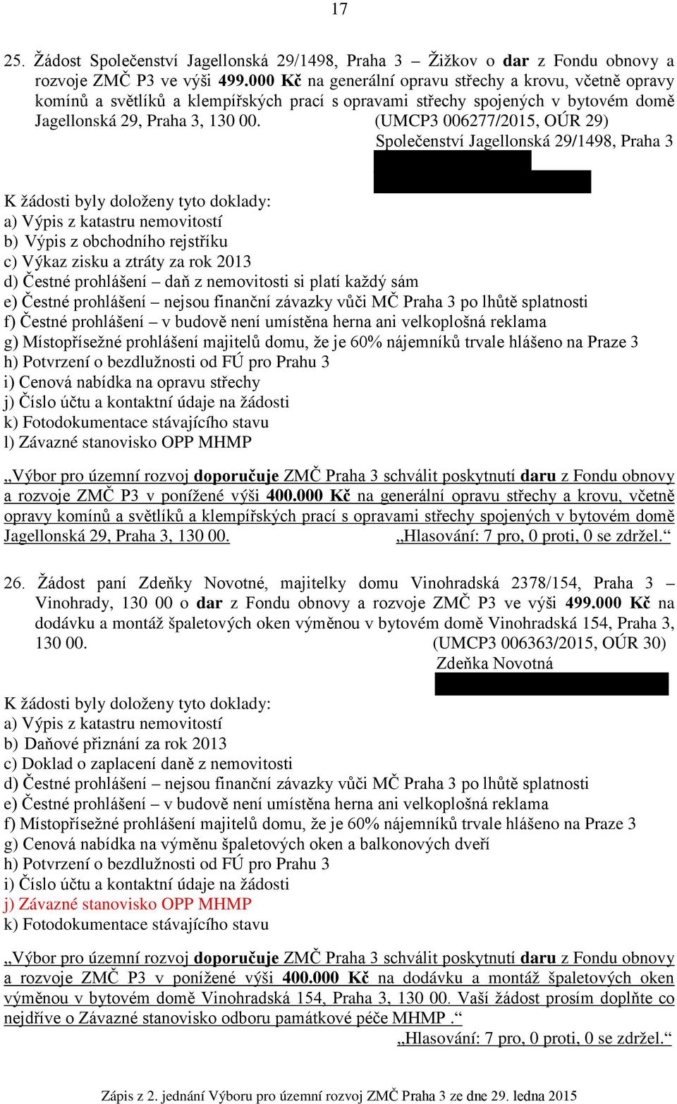 (UMCP3 006277/2015, OÚR 29) Společenství Jagellonská 29/1498, Praha 3 c) Výkaz zisku a ztráty za rok 2013 f) Čestné prohlášení v budově není umístěna herna ani velkoplošná reklama g) Místopřísežné