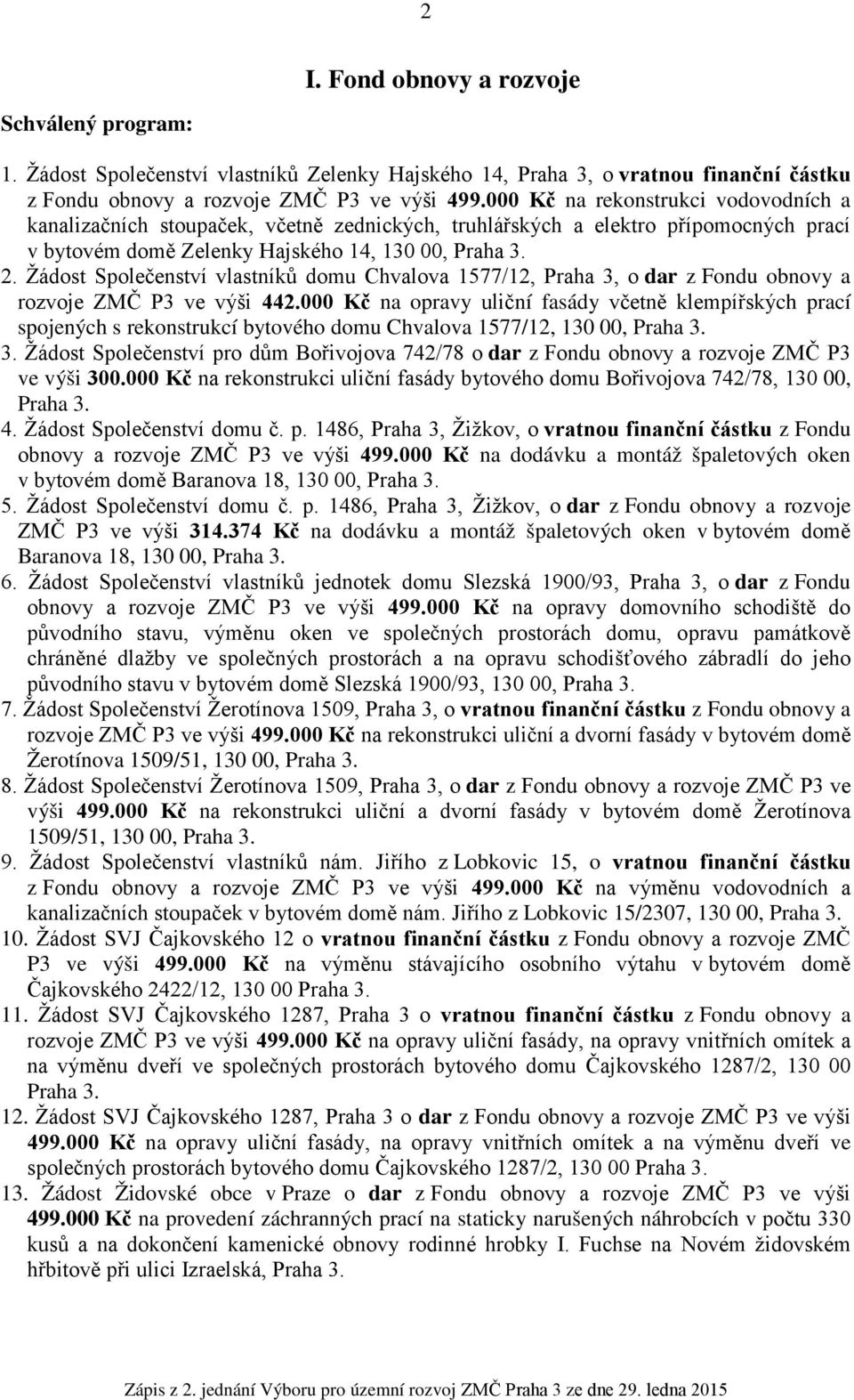Žádost Společenství vlastníků domu Chvalova 1577/12, Praha 3, o dar z Fondu obnovy a rozvoje ZMČ P3 ve výši 442.