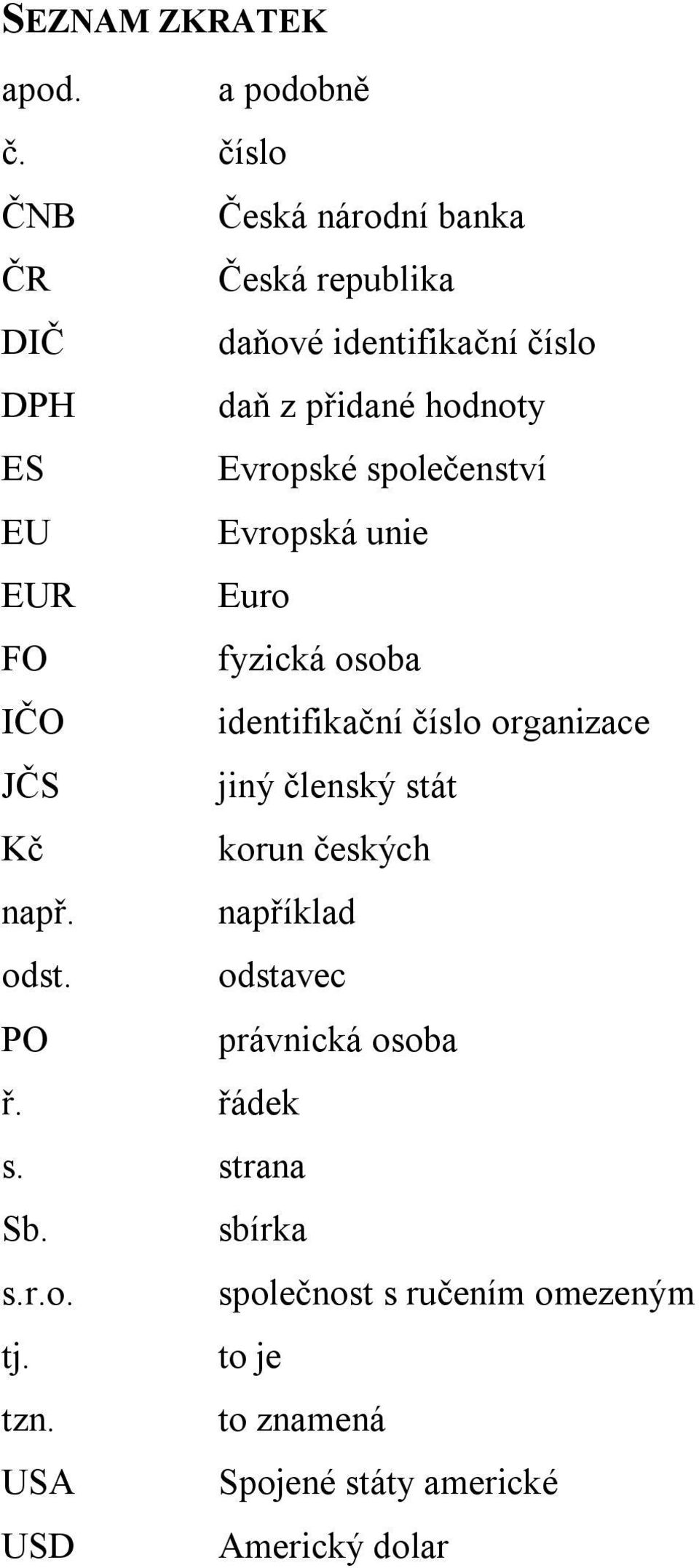 společenství EU Evropská unie EUR Euro FO fyzická osoba IČO identifikační číslo organizace JČS jiný členský stát Kč