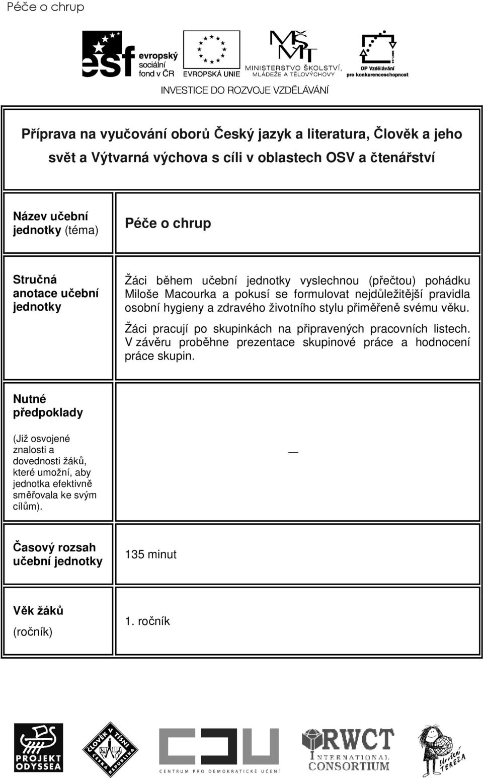 životního stylu přiměřeně svému věku. Žáci pracují po skupinkách na připravených pracovních listech. V závěru proběhne prezentace skupinové práce a hodnocení práce skupin.