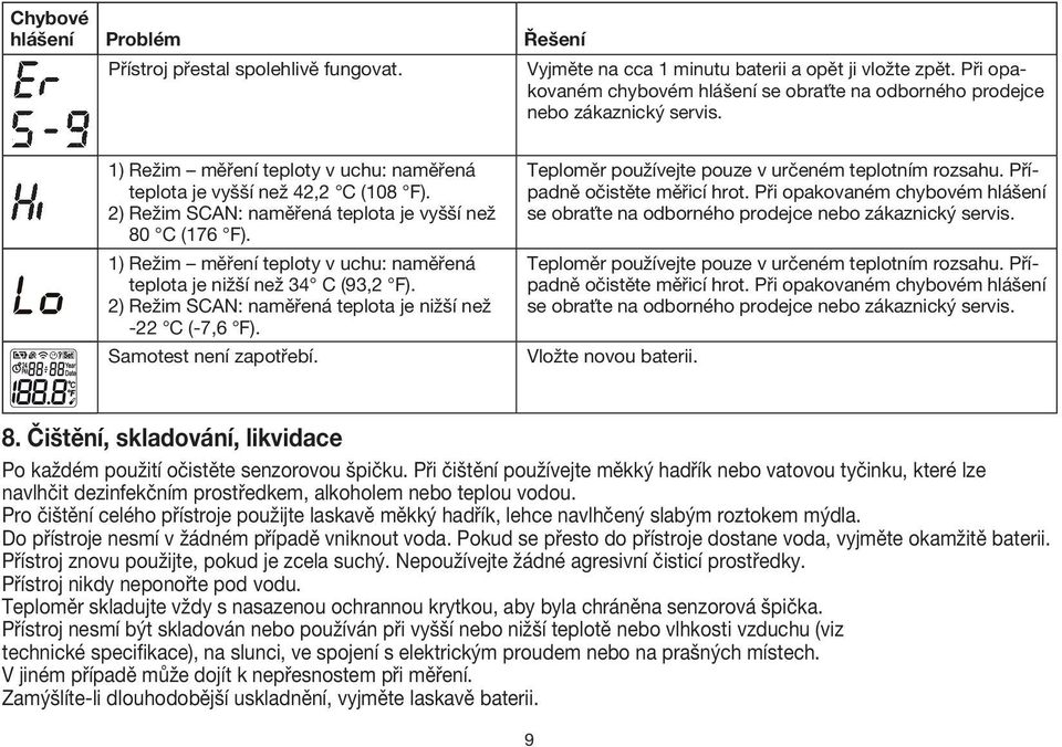 2) Režim SCAN: naměřená teplota je vyšší než 80 C (176 F). 1) Režim měření teploty v uchu: naměřená teplota je nižší než 34 C (93,2 F). 2) Režim SCAN: naměřená teplota je nižší než -22 C (-7,6 F).