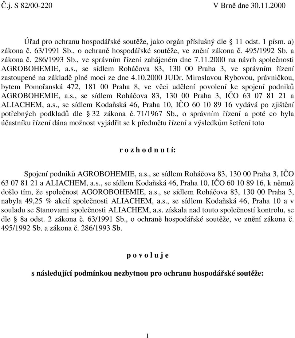 10.2000 JUDr. Miroslavou Rybovou, právničkou, bytem Pomořanská 472, 181 00 Praha 8, ve věci udělení povolení ke spojení podniků AGROBOHEMIE, a.s., se sídlem Roháčova 83, 130 00 Praha 3, IČO 63 07 81 21 a ALIACHEM, a.