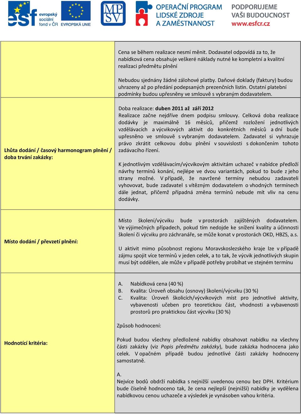 Daňové doklady (faktury) budou uhrazeny až po předání podepsaných prezenčních listin. Ostatní platební podmínky budou upřesněny ve smlouvě s vybraným dodavatelem.