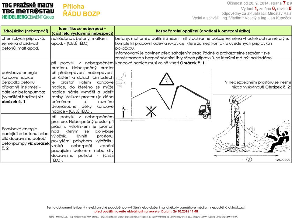 1 Pohybová energie padajícího betonu nebo dílů dopravního potrubí betonpumpy viz obrázek č. 2 nakládáno s betony, maltami apod. - (CELÉ při pobytu v nebezpečném prostoru.