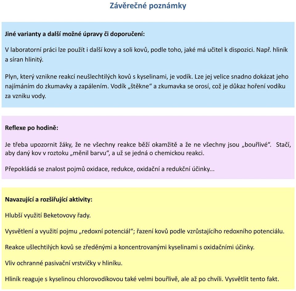 Vodík štěkne a zkumavka se orosí, což je důkaz hoření vodíku za vzniku vody. Reflexe po hodině: Je třeba upozornit žáky, že ne všechny reakce běží okamžitě a že ne všechny jsou bouřlivé.