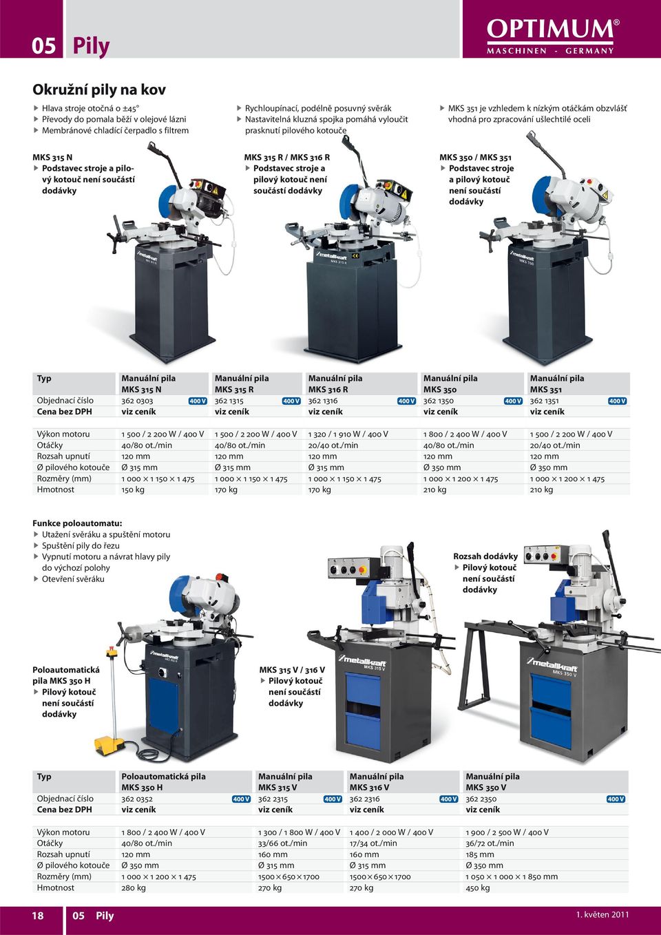 MKS 316 R Podstavec stroje a pilový kotouč není součástí dodávky MKS 350 / MKS 351 Podstavec stroje a pilový kotouč není součástí dodávky Typ Manuální pila MKS 315 N Manuální pila MKS 315 R Manuální