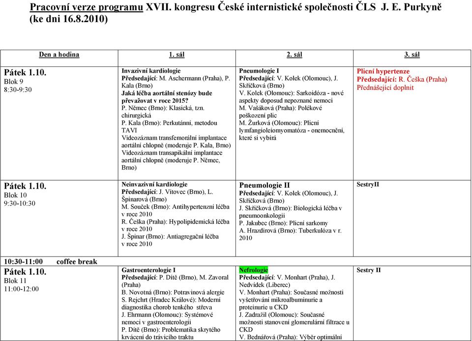 Němec, Brno) Pneumologie I Předsedající: V. Kolek (Olomouc), J. Skřičková (Brno) V. Kolek (Olomouc): Sarkoidóza - nové aspekty doposud nepoznané nemoci M. Vašáková (Praha): Polékové poškození plic M.