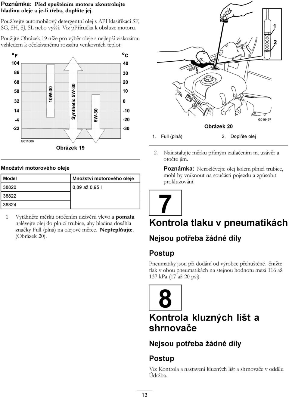 Doplňte olej Množství motorového oleje Model 38820 38822 38824 Obrázek 19 Množství motorového oleje 0,89 až 0,95 l 1.