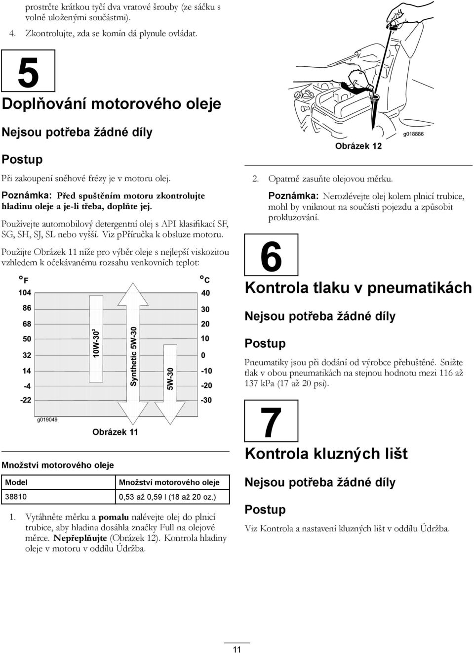 Používejte automobilový detergentní olej s API klasifikací SF, SG, SH, SJ, SL nebo vyšší. Viz ppříručka k obsluze motoru.