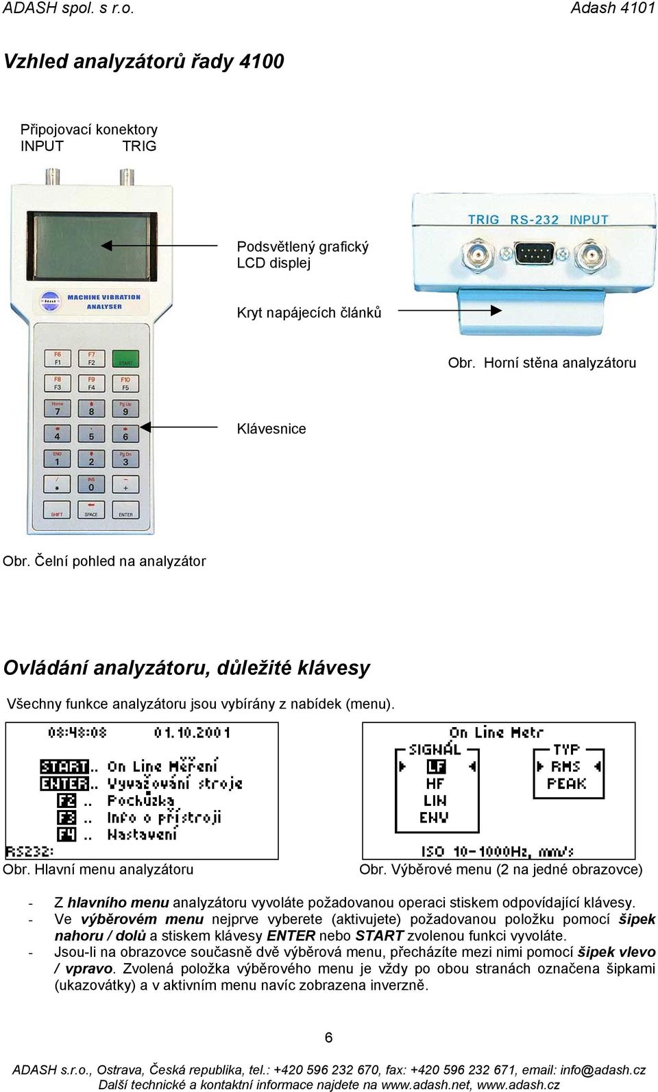 Výběrové menu (2 na jedné obrazovce) - Z hlavního menu analyzátoru vyvoláte požadovanou operaci stiskem odpovídající klávesy.