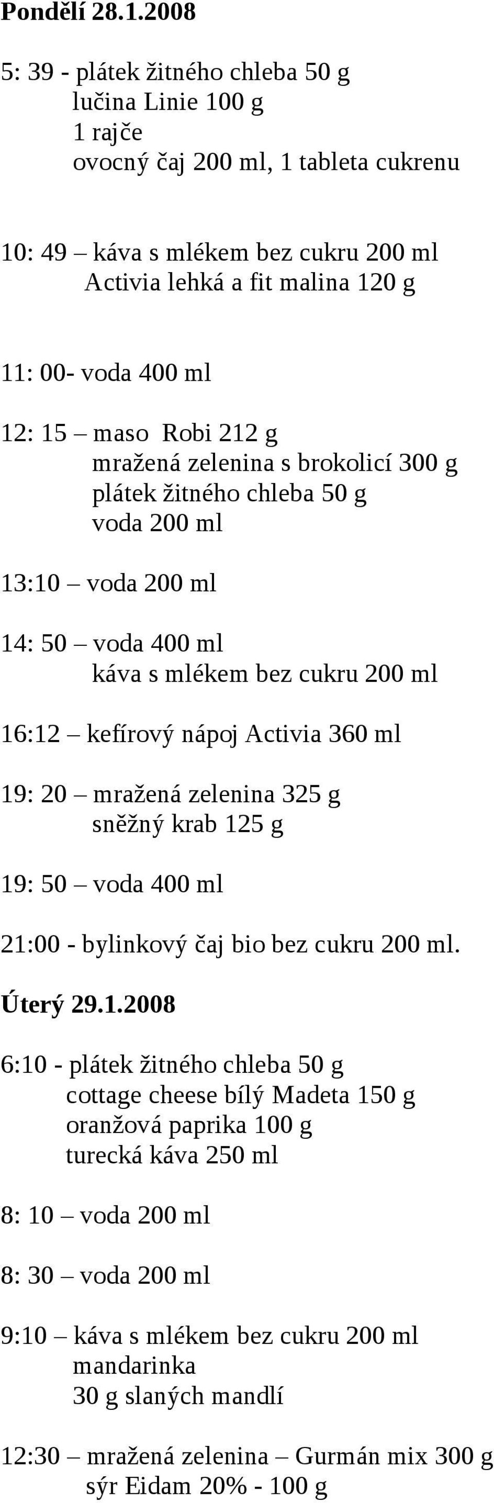 15 maso Robi 212 g mražená zelenina s brokolicí 300 g 13:10 14: 50 voda 400 ml 16:12 kefírový nápoj Activia 360 ml 19: 20 mražená zelenina