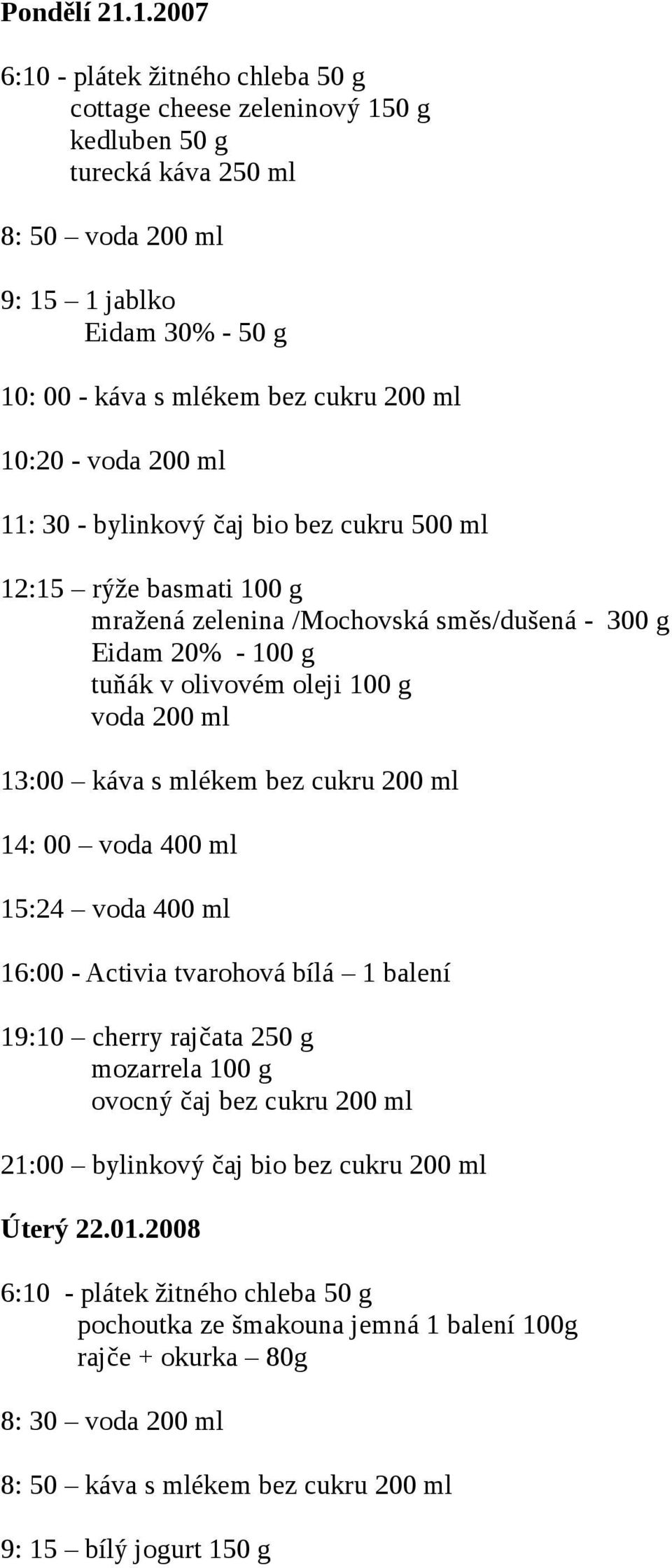 500 ml 12:15 rýže basmati 100 g mražená zelenina /Mochovská směs/dušená - 300 g Eidam 20% - 100 g tuňák v olivovém oleji 100 g 13:00 14: 00 voda 400