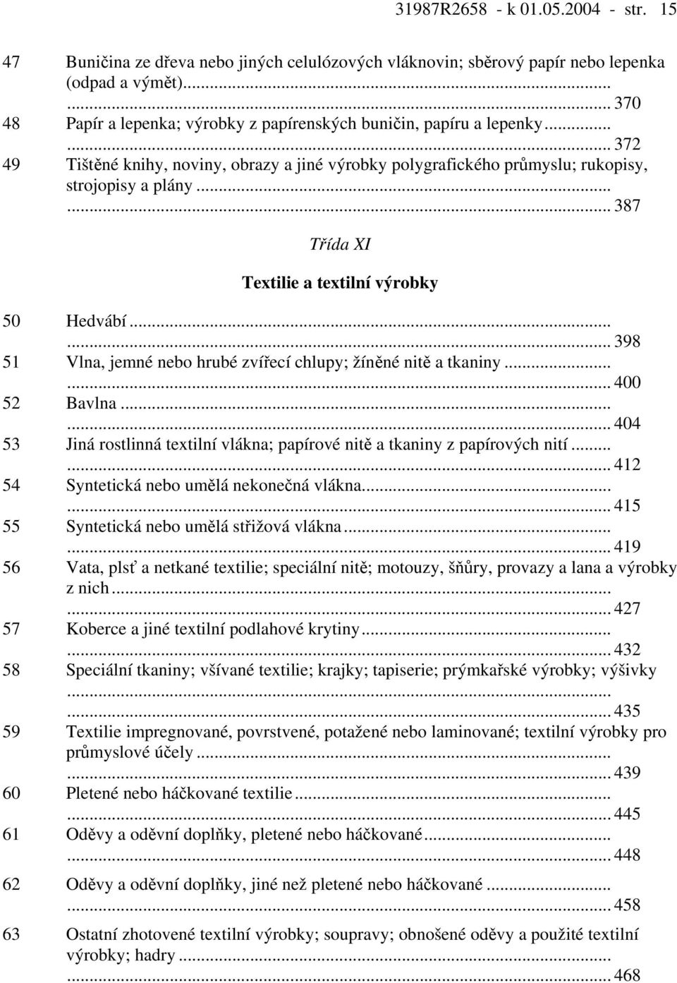 ..... 387 Třída XI Textilie a textilní výrobky 50 Hedvábí...... 398 51 Vlna, jemné nebo hrubé zvířecí chlupy; žíněné nitě a tkaniny...... 400 52 Bavlna.