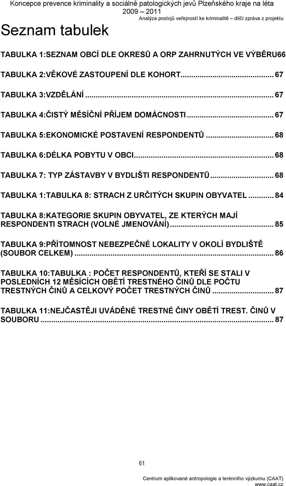 .. 84 TABULKA 8:KATEGORIE SKUPIN OBYVATEL, ZE KTERÝCH MAJÍ RESPONDENTI STRACH (VOLNÉ JMENOVÁNÍ)... 85 TABULKA 9:PŘÍTOMNOST NEBEZPEČNÉ LOKALITY V OKOLÍ BYDLIŠTĚ (SOUBOR CELKEM).