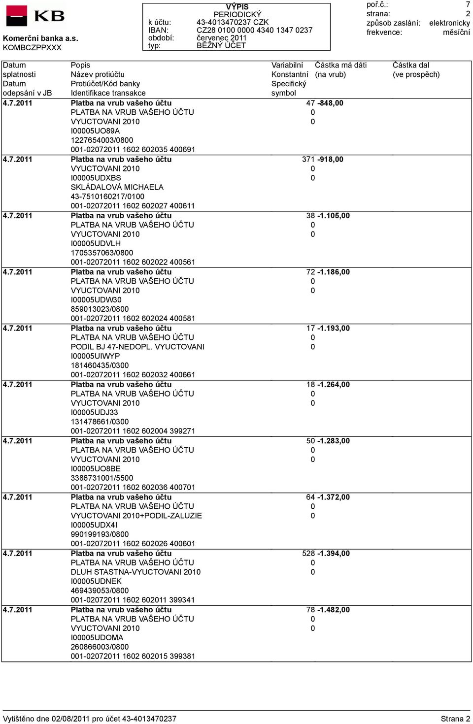 VYUCTOVANI I5UIWYP 18146435/3 1-27211 162 6232 4661 4.7.211 Platba na vrub vašeho účtu VYUCTOVANI 21 I5UDJ33 131478661/3 1-27211 162 624 399271 4.7.211 Platba na vrub vašeho účtu VYUCTOVANI 21 I5UO8BE 33867311/55 1-27211 162 6236 471 4.