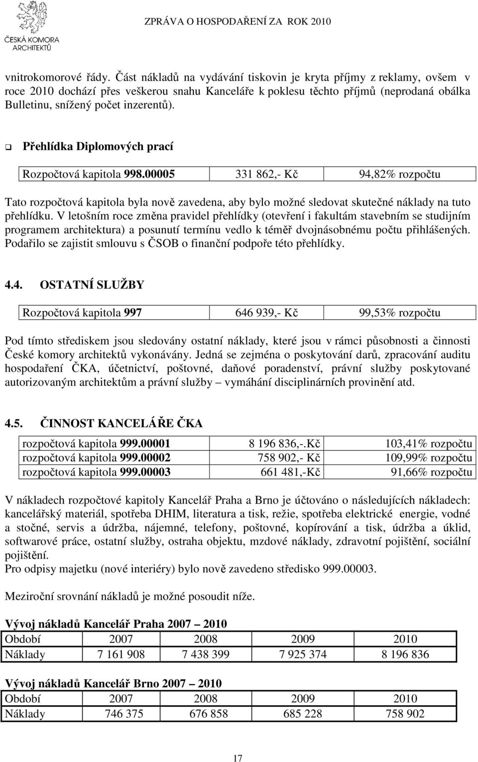 Přehlídka Diplomových prací Rozpočtová kapitola 998.00005 331 862,- Kč 94,82% rozpočtu Tato rozpočtová kapitola byla nově zavedena, aby bylo možné sledovat skutečné náklady na tuto přehlídku.