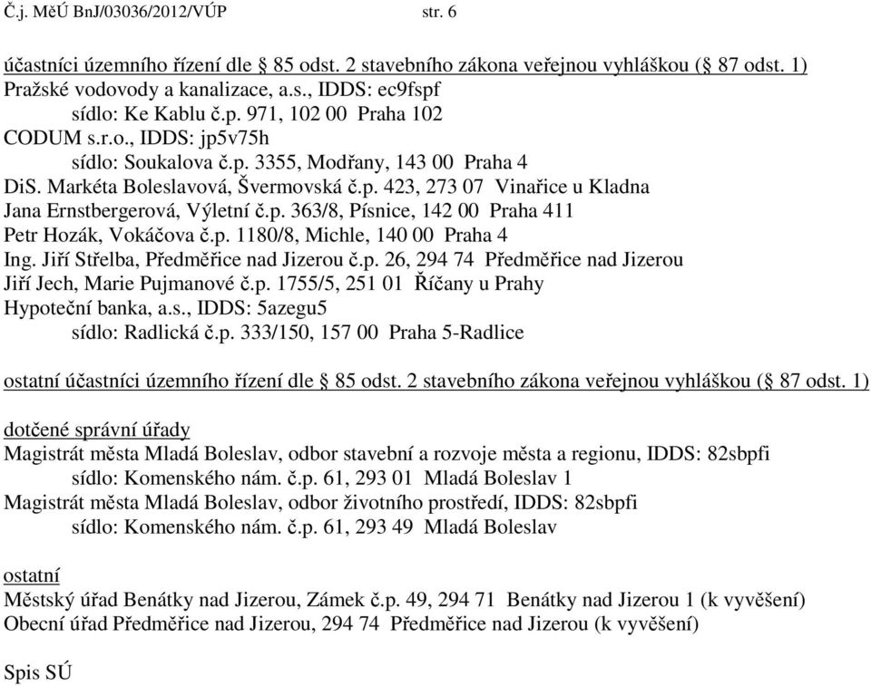 p. 363/8, Písnice, 142 00 Praha 411 Petr Hozák, Vokáčova č.p. 1180/8, Michle, 140 00 Praha 4 Ing. Jiří Střelba, Předměřice nad Jizerou č.p. 26, 294 74 Předměřice nad Jizerou Jiří Jech, Marie Pujmanové č.