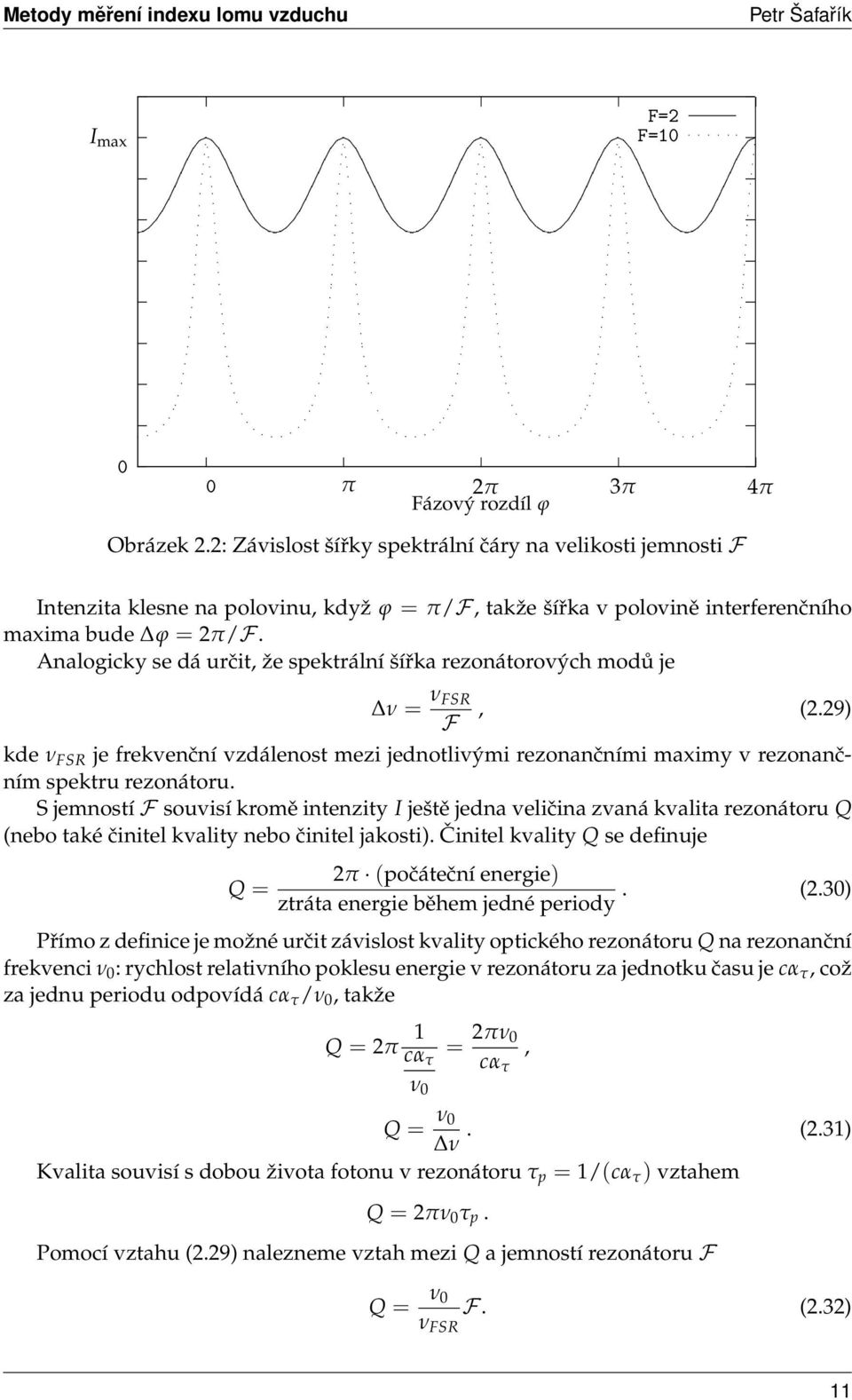 Analogicky se dá určit, že spektrální šířka rezonátorových modů je ν = ν FSR F, (2.29) kde ν FSR je frekvenční vzdálenost mezi jednotlivými rezonančními maximy v rezonančním spektru rezonátoru.