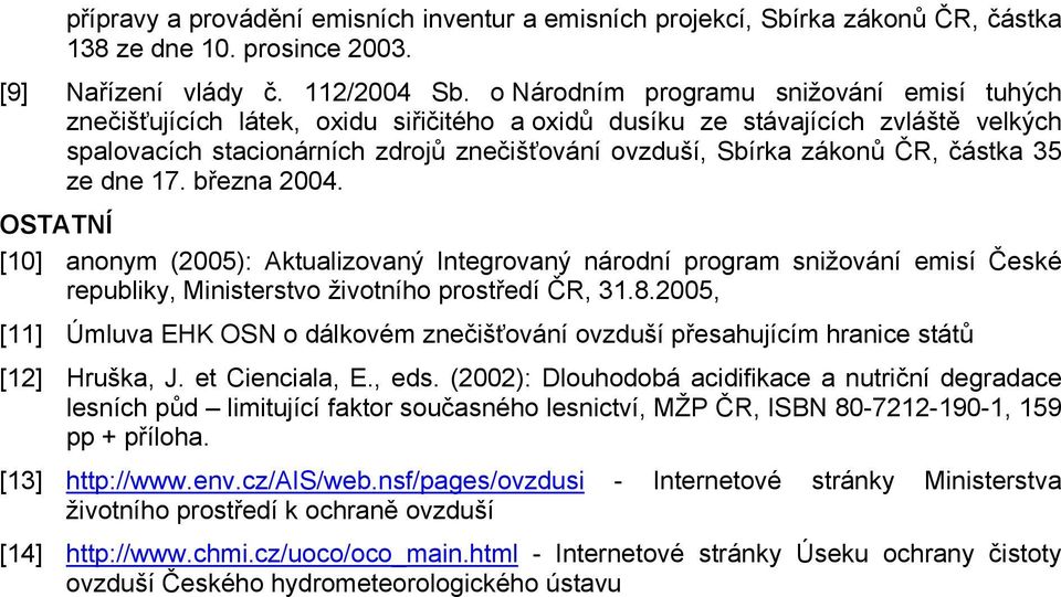 ČR, částka 35 ze dne 17. března 2004. OSTATNÍ [10] anonym (2005): Aktualizovaný Integrovaný národní program snižování emisí České republiky, Ministerstvo životního prostředí ČR, 31.8.