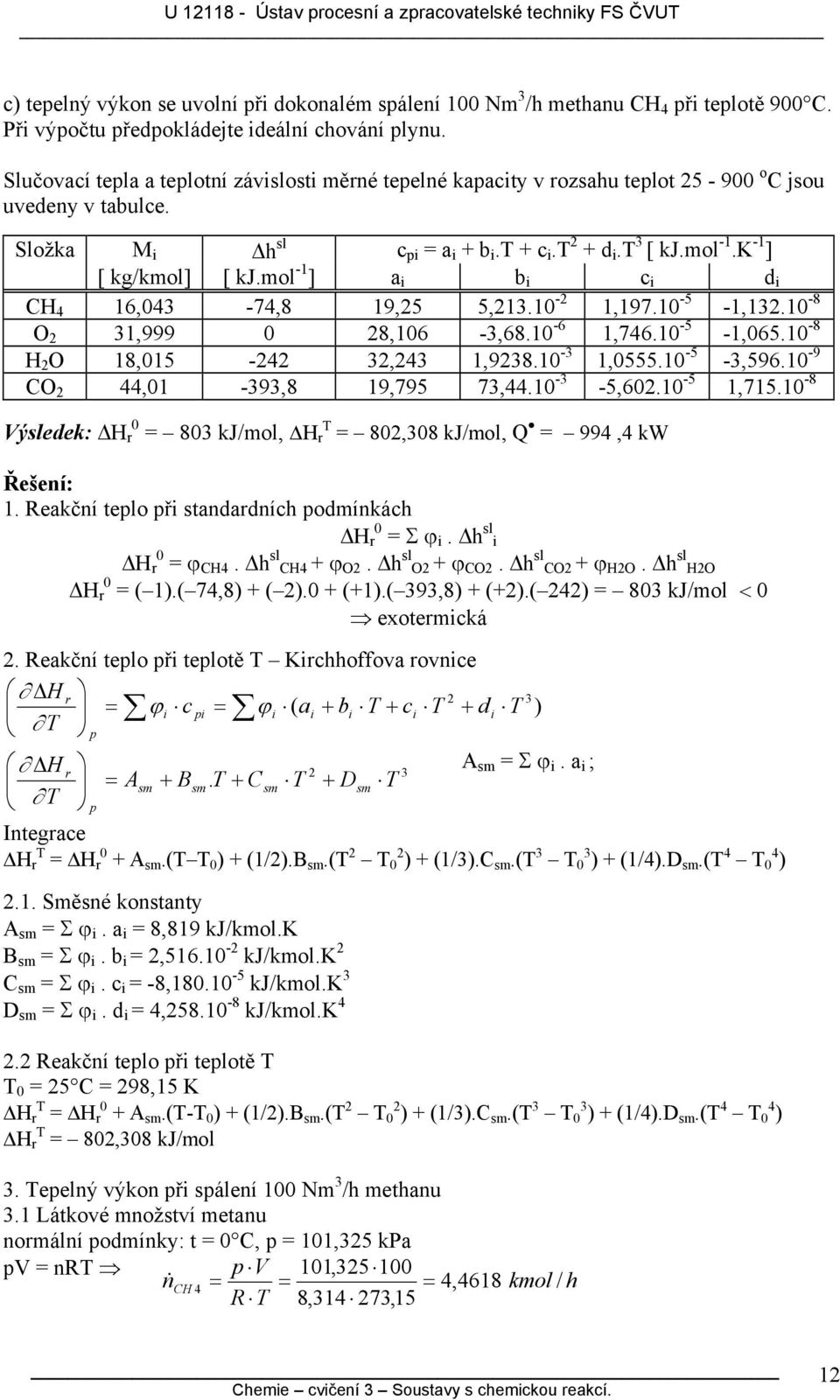 mol - ] a i b i i d i CH 4 6,43-74,8 9,5 5,3. -,97. -5 -,3. -8 O 3,999 8,6-3,68. -6,746. -5 -,65. -8 H O 8,5-4 3,43,938. -3,555. -5-3,596. -9 CO 44, -393,8 9,795 73,44. -3-5,6. -5,75.