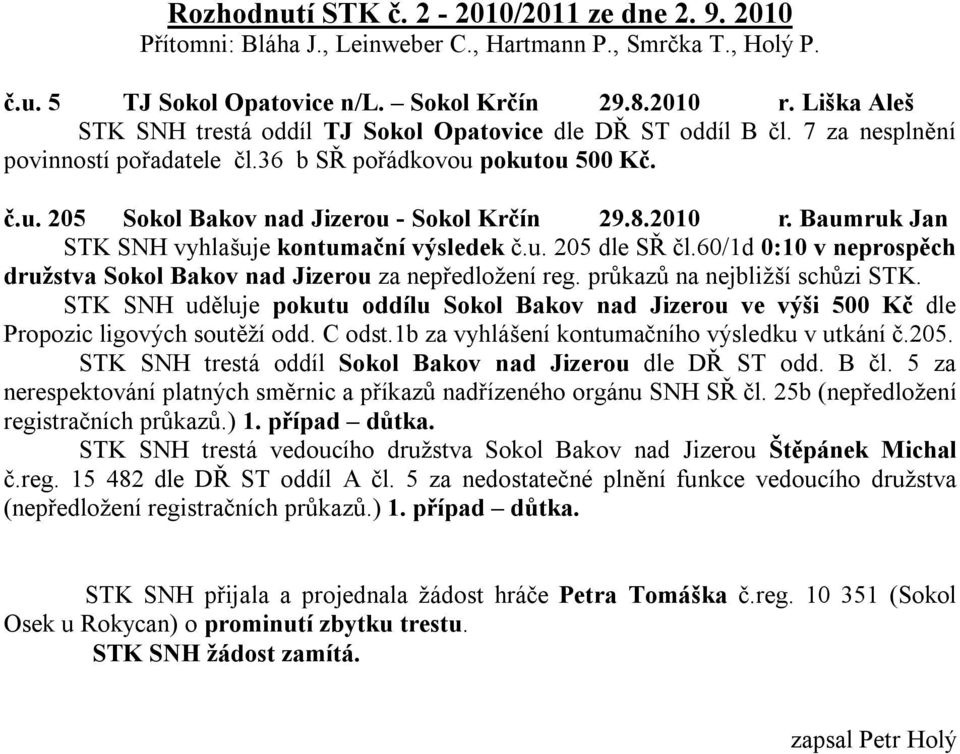 2010 r. Baumruk Jan STK SNH vyhlašuje kontumační výsledek č.u. 205 dle SŘ čl.60/1d 0:10 v neprospěch družstva Sokol Bakov nad Jizerou za nepředložení reg. průkazů na nejbližší schůzi STK.