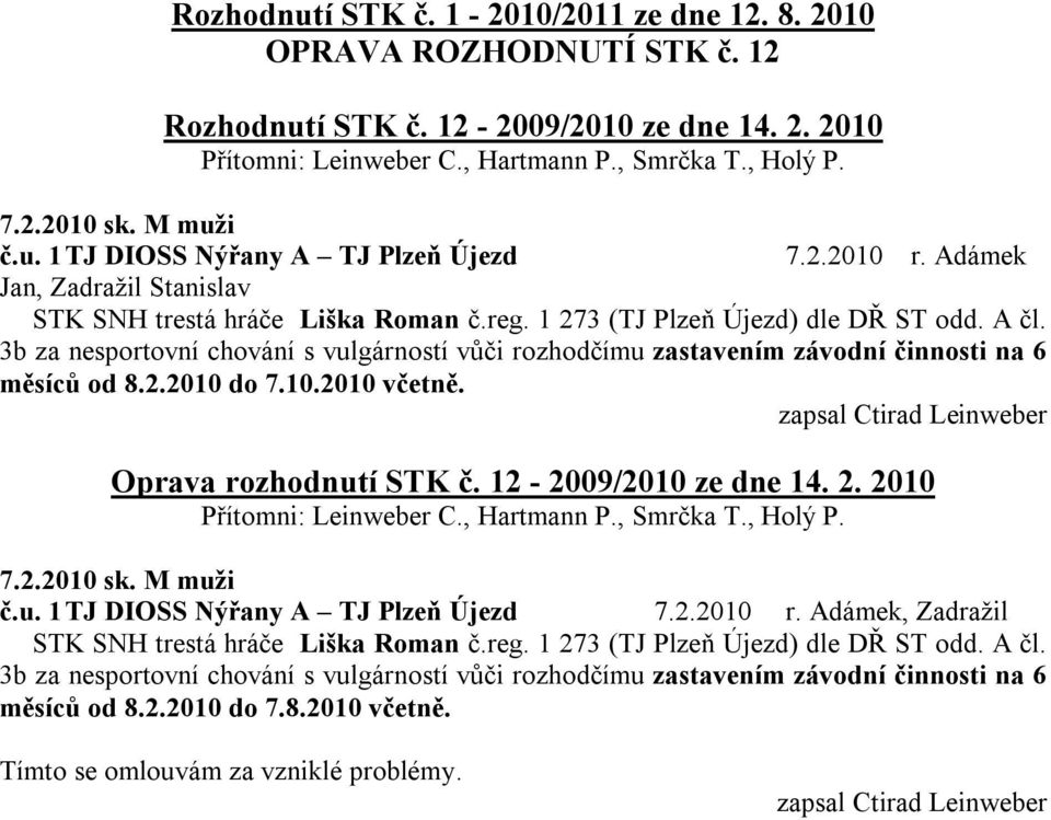 3b za nesportovní chování s vulgárností vůči rozhodčímu zastavením závodní činnosti na 6 měsíců od 8.2.2010 do 7.10.2010 včetně. zapsal Ctirad Leinweber Oprava rozhodnutí STK č.