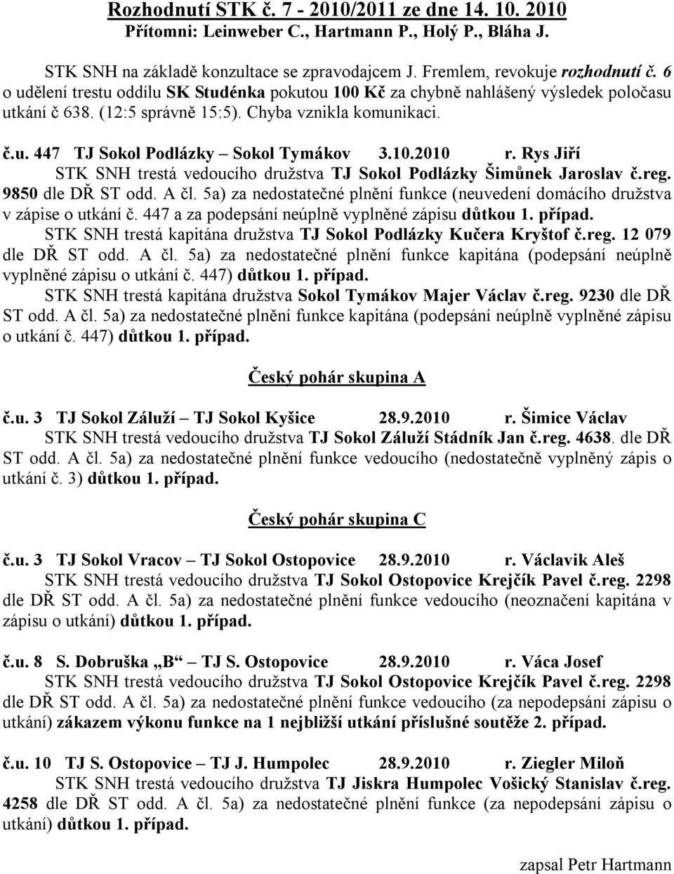 Rys Jiří STK SNH trestá vedoucího družstva TJ Sokol Podlázky Šimůnek Jaroslav č.reg. 9850 dle DŘ ST odd. A čl. 5a) za nedostatečné plnění funkce (neuvedení domácího družstva v zápise o utkání č.