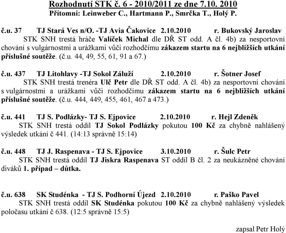 4b) za nesportovní chování s vulgárnostmi a urážkami vůči rozhodčímu zákazem startu na 6 nejbližších utkání příslušné soutěže. (č.u. 44, 49, 55, 61, 91 a 67.) č.u. 437 TJ Litohlavy -TJ Sokol Záluží 2.