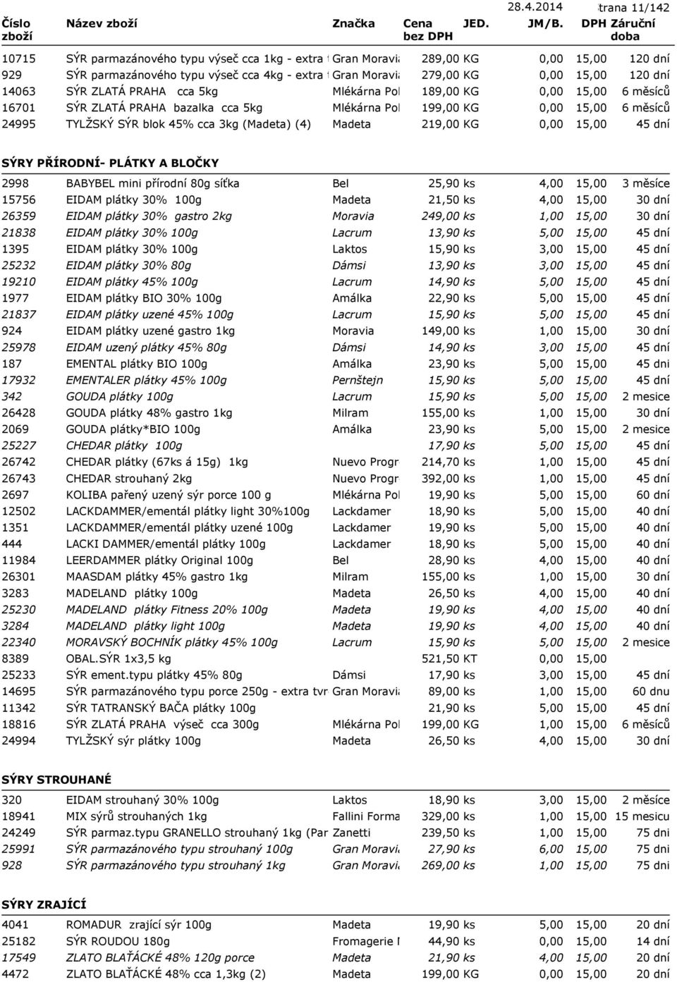 PŘÍRODNÍ- PLÁTKY A BLOČKY 2998 BABYBEL mini přírodní 80g síťka Bel 25,90 ks 4,00 15756 EIDAM plátky 30% 100g Madeta 21,50 ks 4,00 26359 EIDAM plátky 30% gastro 2kg Moravia 249,00 ks 21838 EIDAM