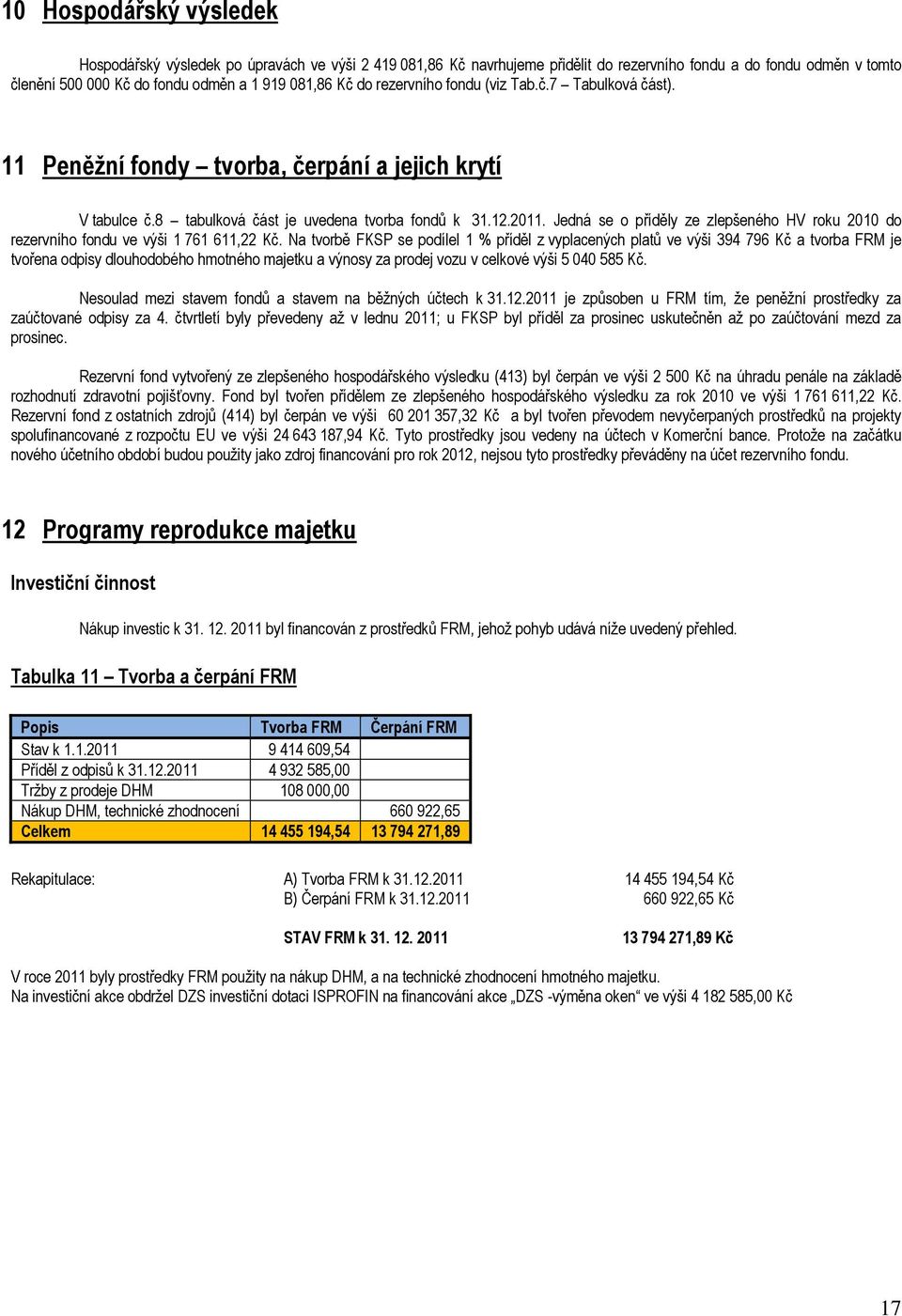 Jedná se o příděly ze zlepšeného HV roku 2010 do rezervního fondu ve výši 1 761 611,22 Kč.