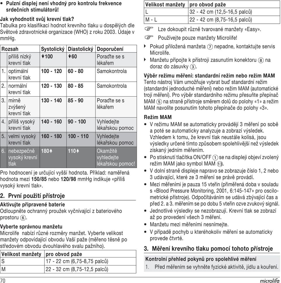 Rozsah Systolický Diastolický Doporučení příliš nízký 100 60 Poraïte se s lékařem 1. optimální 100-120 60-80 Samokontrola 2. normální 120-130 80-85 Samokontrola 3.