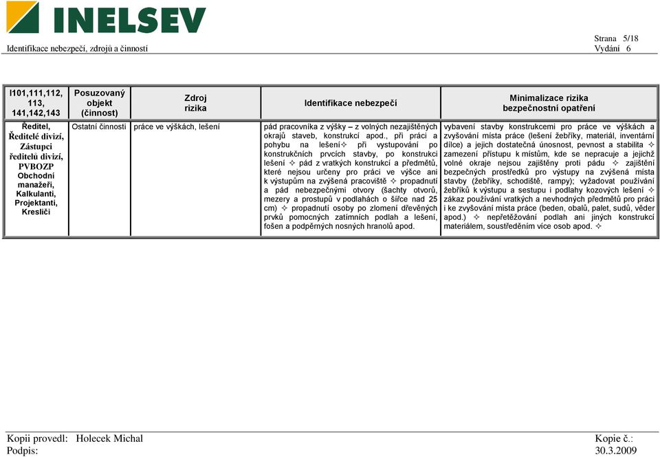 , při práci a pohybu na lešení při vystupování po konstrukčních prvcích stavby, po konstrukci lešení pád z vratkých konstrukcí a předmětů, které nejsou určeny pro práci ve výšce ani k výstupům na