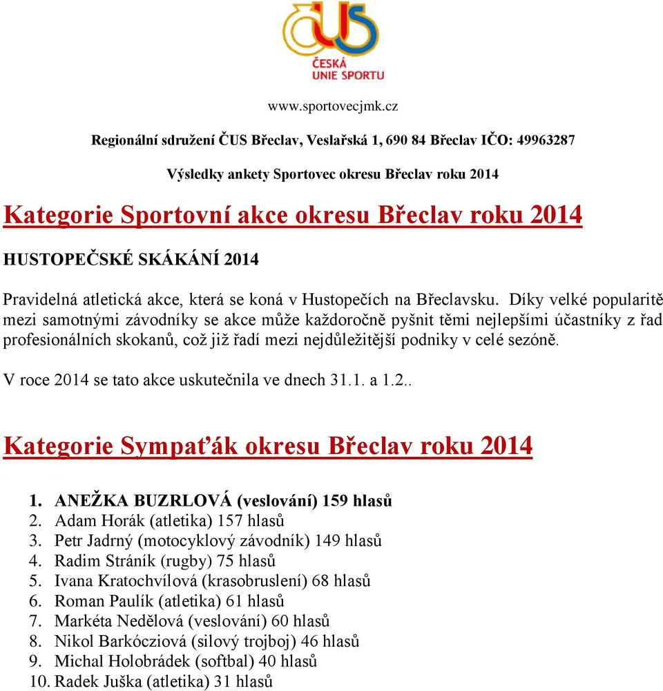 V roce 2014 se tato akce uskutečnila ve dnech 31.1. a 1.2.. Kategorie Sympaťák okresu Břeclav roku 2014 1. ANEŽKA BUZRLOVÁ (veslování) 159 hlasů 2. Adam Horák (atletika) 157 hlasů 3.