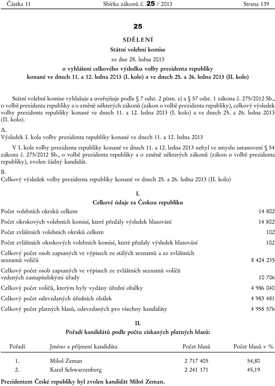, o volbě prezidenta republiky a o změně některých zákonů (zákon o volbě prezidenta republiky), celkový výsledek volby prezidenta republiky konané ve dnech 11. a 12. ledna 2013 (I.