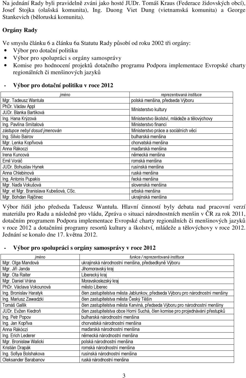 Orgány Rady Ve smyslu článku 6 a článku 6a Statutu Rady působí od roku 2002 tři orgány: Výbor pro dotační politiku Výbor pro spolupráci s orgány samosprávy Komise pro hodnocení projektů dotačního